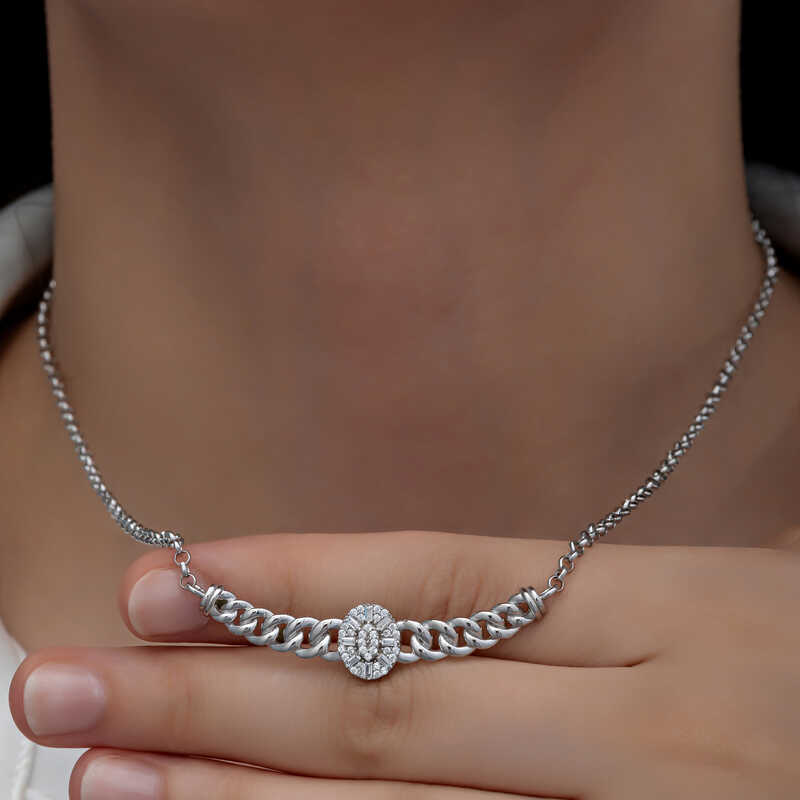 Gümüş Gurmet Zincirli Oval Baget Taşlı Kadın Kolye - Görsel 2