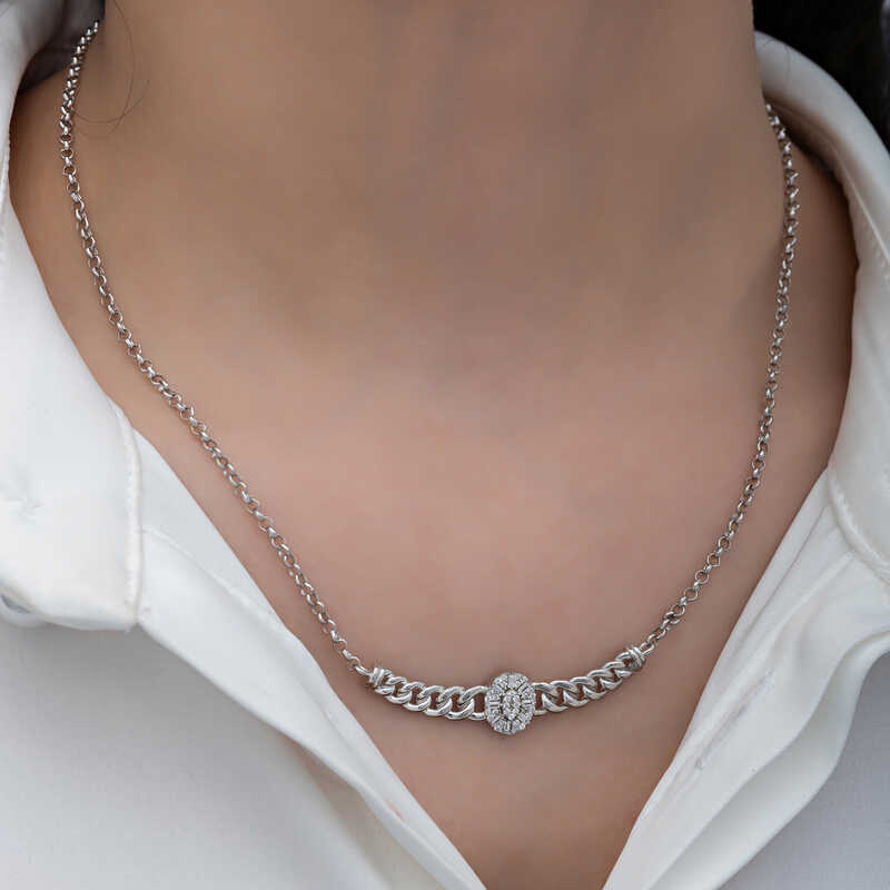 Gümüş Gurmet Zincirli Oval Baget Taşlı Kadın Kolye - Görsel 4