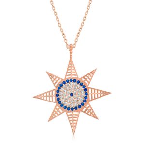 Gümüş Rose Nazarlı Kutup Yıldızı Kadın Kolye