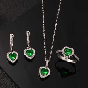 Gümüş Yeşil Taşlı Kalpli Kadın Set